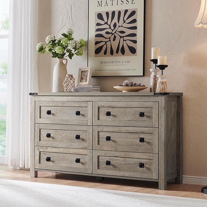6 Drawer Dresser for Bedroom, 54 Inch Wide Rustic Wood Dresser