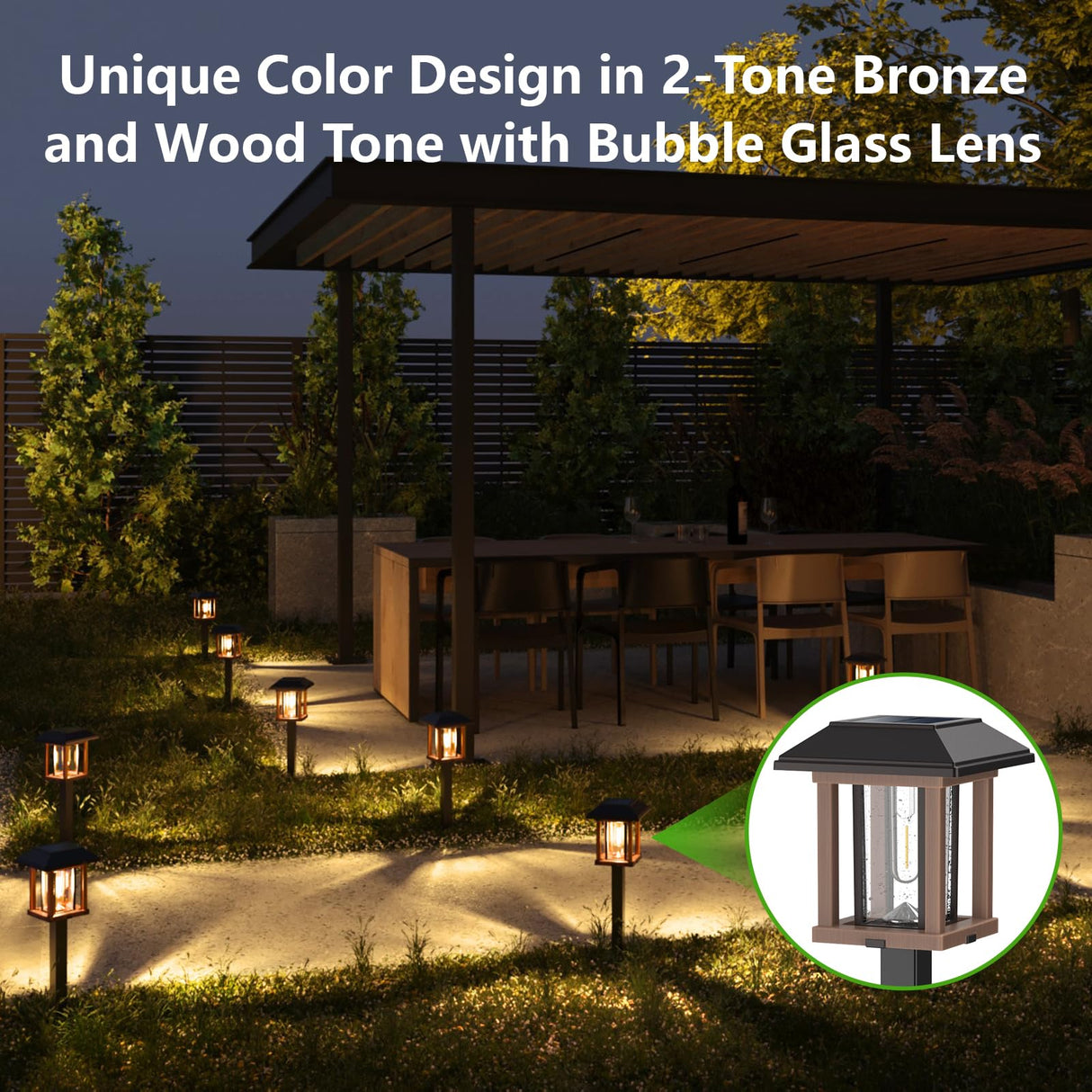 Solar Lights Outdoor 20 LM LED with 2-Tone Bronze Tone & Wood Tone, Solar Garden