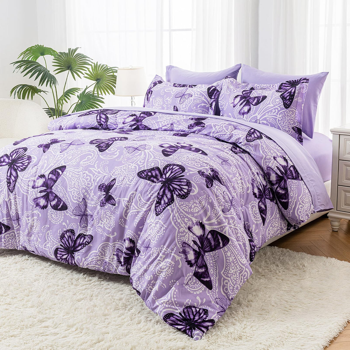 Bed in A Bag King Size 7 Pieces, Purple Paisley Butterfly Bedding Comforter Set All Season