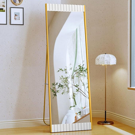 Wood Full Length Mirror with Stand, 65"x21" Large Wall Mirror Full Length Fluted Texture