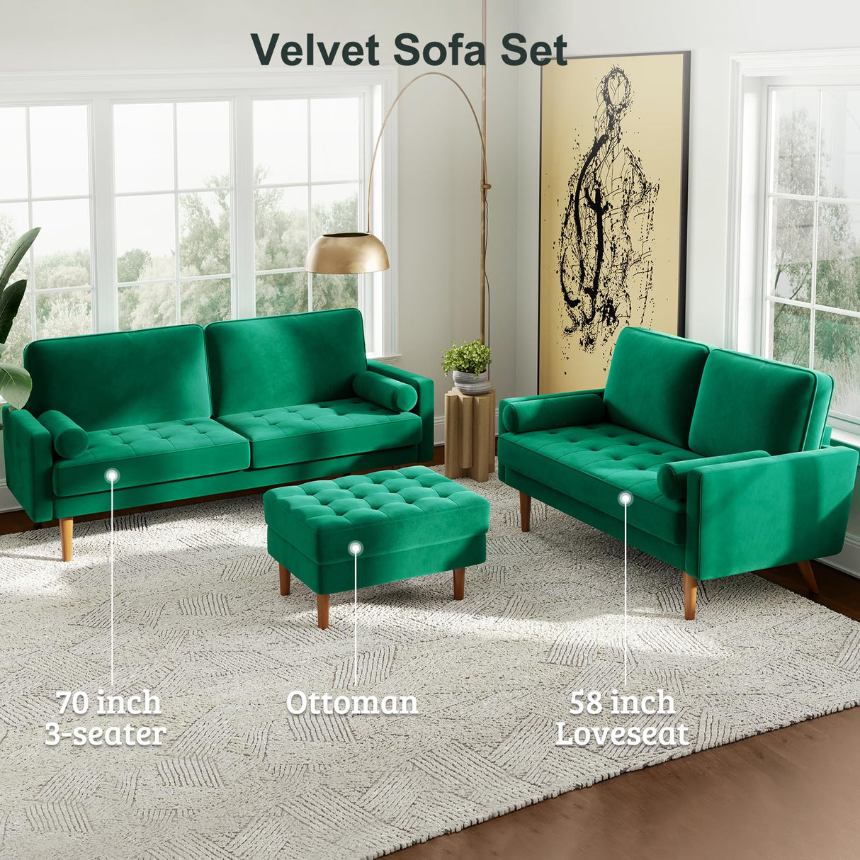 58 inch Loveseat Sofa Couch, Green Velvet Couch for Living Room