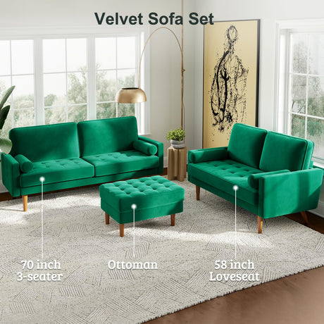 58 inch Loveseat Sofa Couch, Green Velvet Couch for Living Room