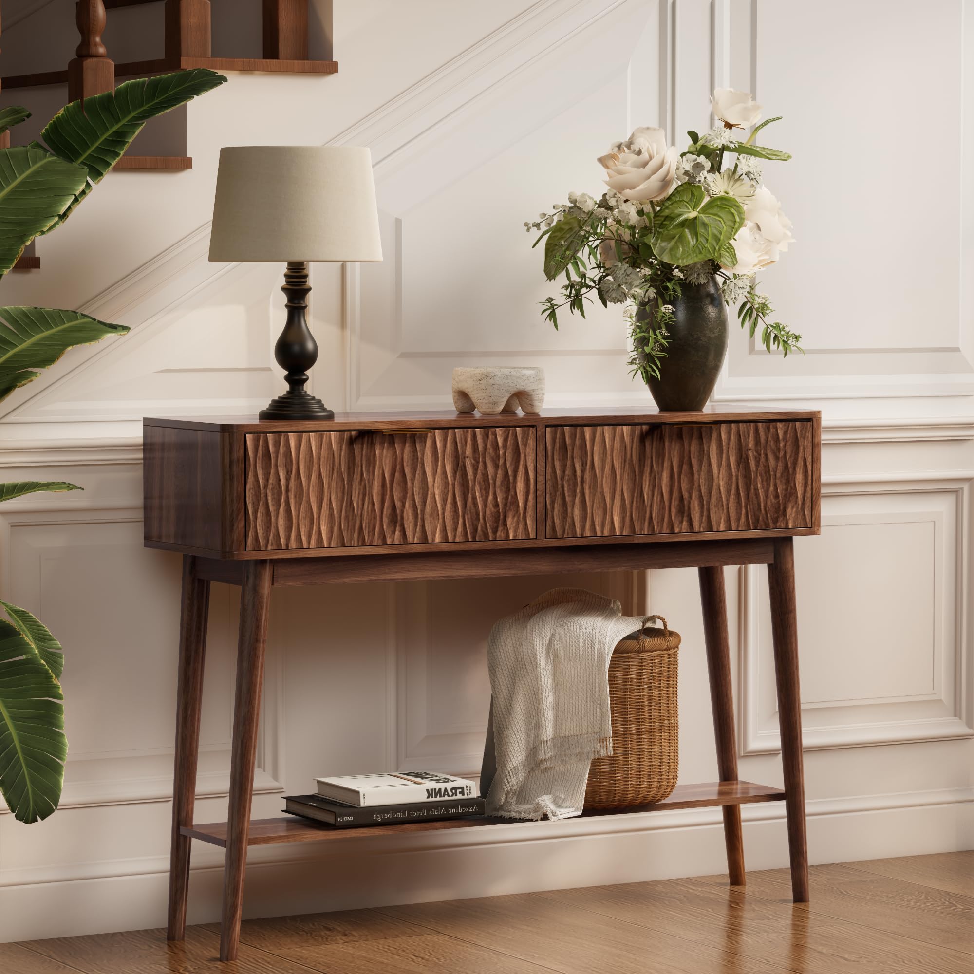 Fluted Console Table with Storage Drawers - Walnut