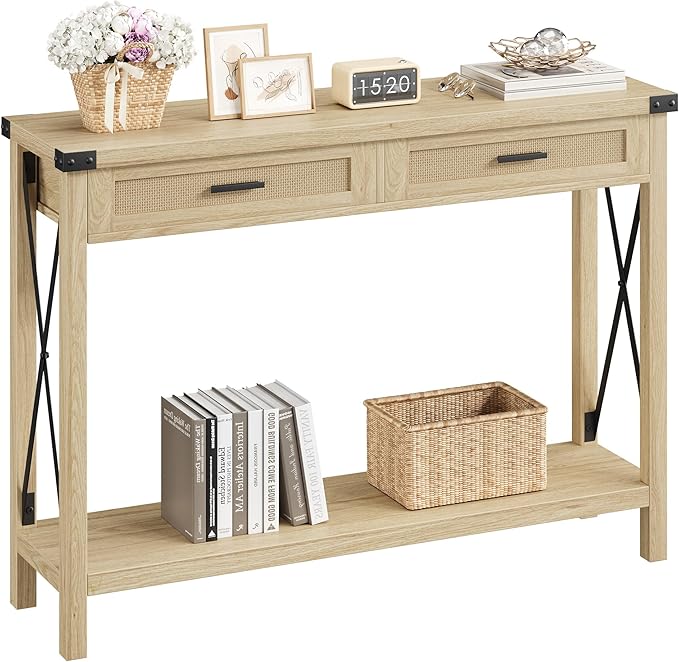 Farmhouse Entryway Table with Rattan Drawers, Grey Console Table for Entryway,