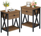 Nightstands Set of 2, Modern Bedside End Tables, Night Stands with Drawer and Storage Shelf for Living Room Bedroom, Industrial Metal Frame