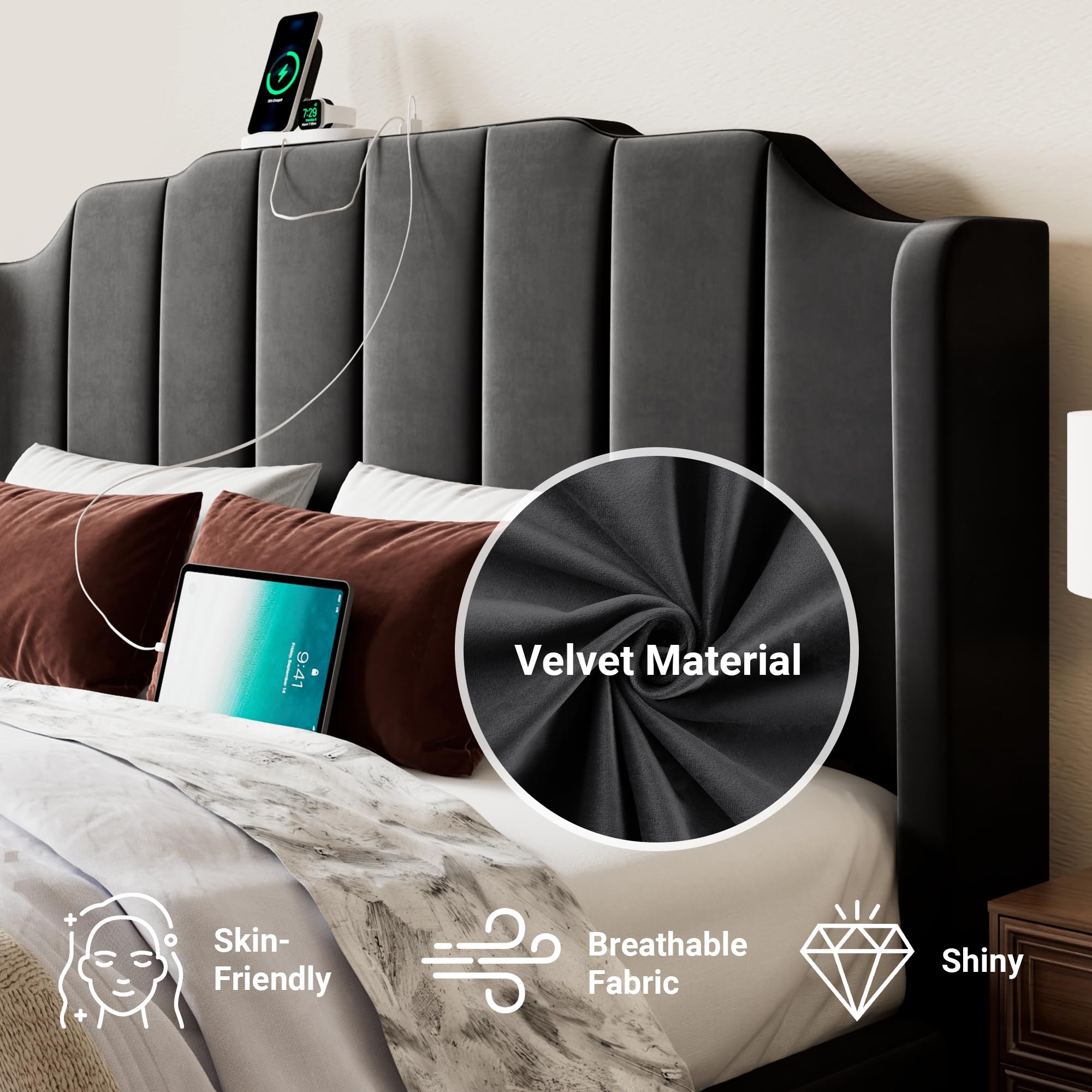 Full Size Velvet Platform Bed with Tufted Wingback Headboard