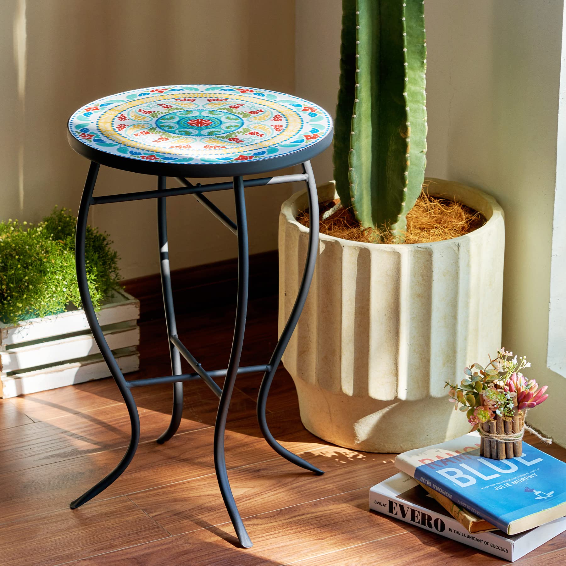 VONLUCE 21" Mosaic Plant Stand, 14 Inch Round Side Table with Ceramic Tile Top, Indoor and Outdoor Accent Table, Outdoor Patio Furniture, End Table for Garden Patio Living Room More, Floral - Bircata