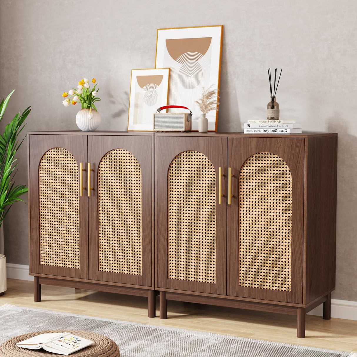 2 Rattan Sideboard Buffet Cabinet with Storage, 59 Inch Accent Cabinet with Doors, Storage Cabinet for Dining Room,