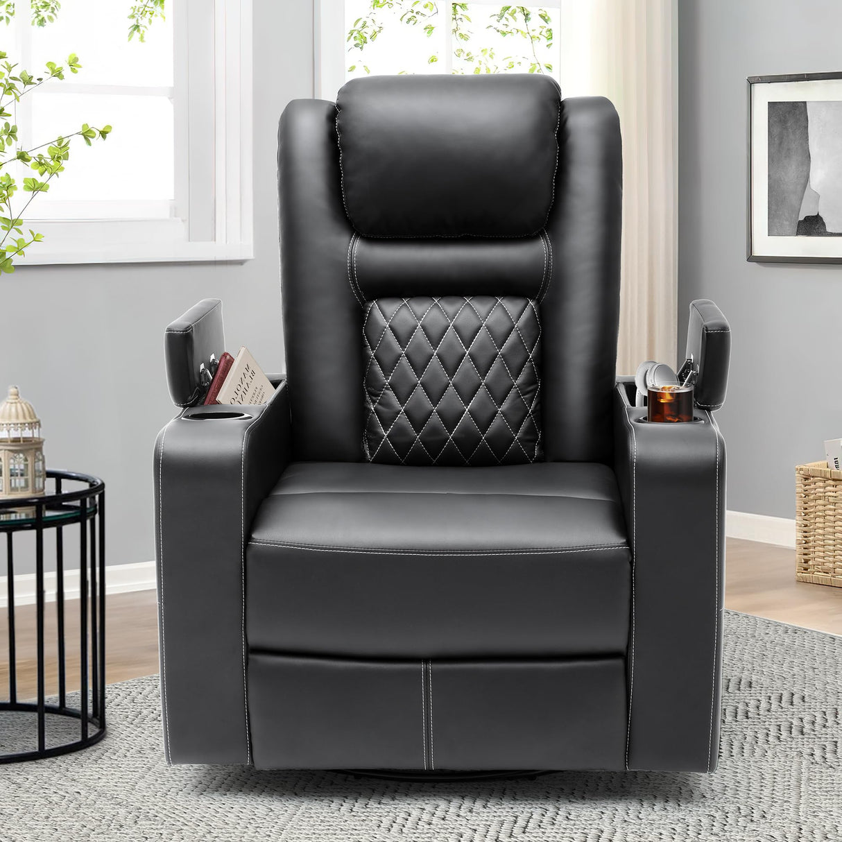 Swivel Rocking Recliner with Massage and Heat, Hidden Arm Storage, Faux Leather Rocker Recliner Chairs with Cup Holders, Comfy Home Theater Seating, Manual Recliner for Living Room, Black3