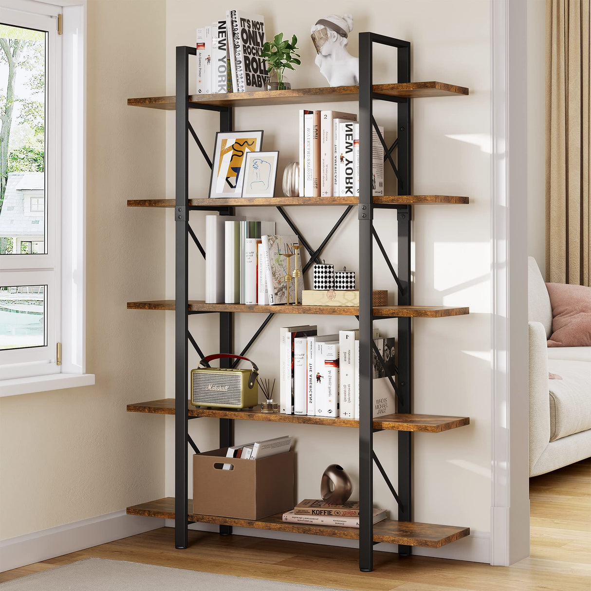 5 Tier Bookshelf, 70.9" Tall Industrial Bookcase, Wide Open Display Storage Book Shelf