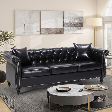 Chesterfield Sofa 83.4 " Faux Leather Couches with Gourd Wooden Legs,