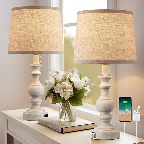 Table Lamps for Bedroom Set of 2 Farmhouse Bedside Lamps for Nightstand with USB C+A Charging Ports