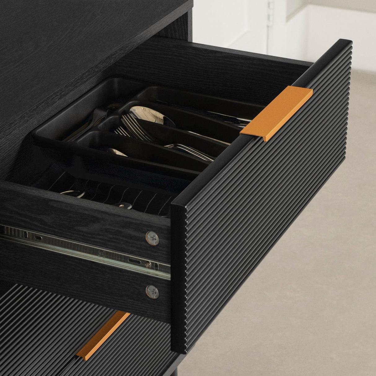 Arlo Sideboard with Ribbed Doors and Drawers, Ash Oak and Gold
