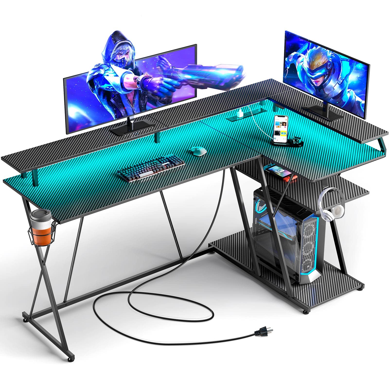 L Shaped Gaming Desk with LED Lights & Power Outlets, 55” Reversible Corner Desk