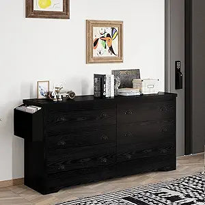 Dresser for Bedroom 6 Drawer with Charging Station, TV Stand Storage Chest of Drawers for Living Room Hallway