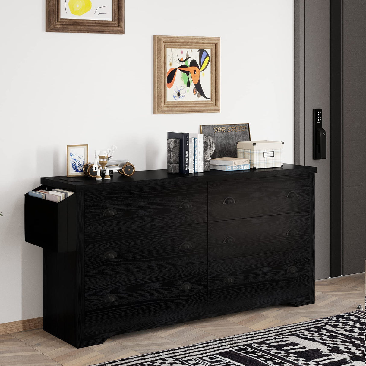 Dresser for Bedroom 6 Drawer with Charging Station, TV Stand Storage Chest of Drawers for Living Room Hallway