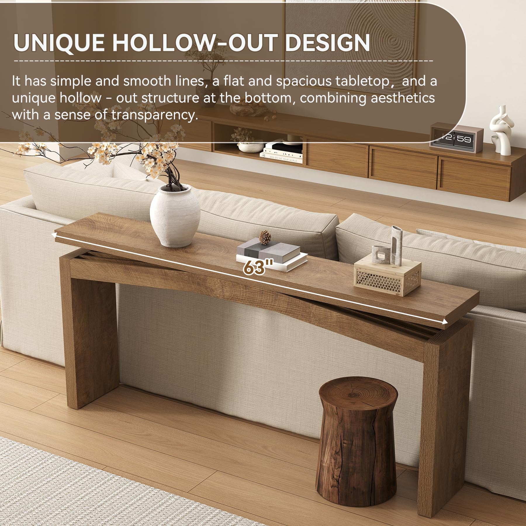 63-Inch Farmhouse Console Table - Natural Brown Wood