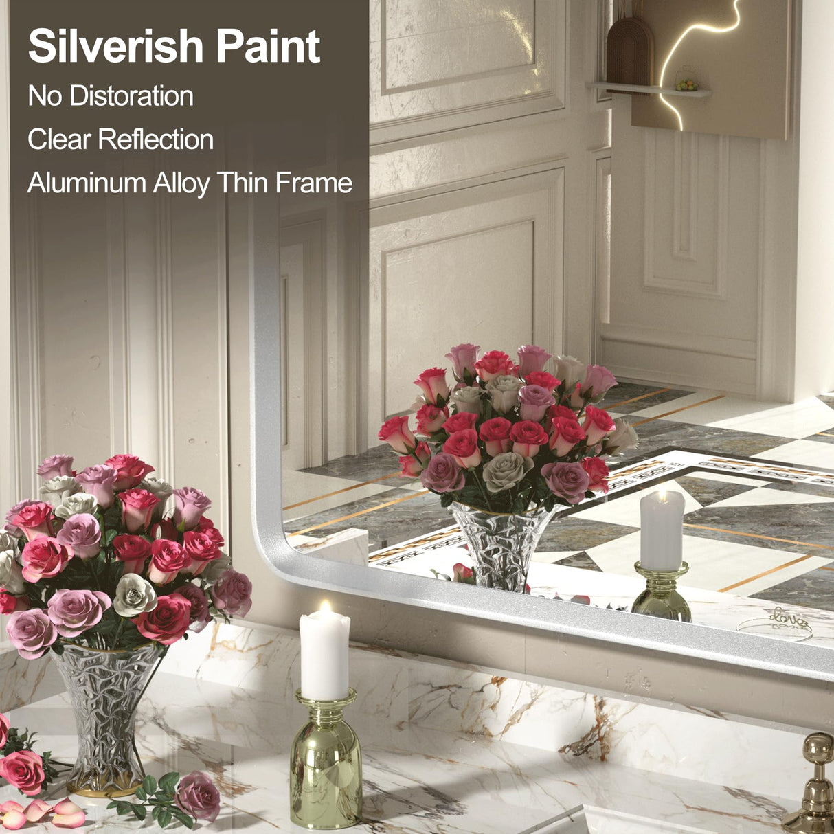 48x30 Inch Silver Bathroom Mirror - Rounded Rectangle Vanity Mirror