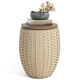 Drum Side Table - Handwoven Rattan End Table with Solid Wood Lid | Indoor/Outdoor