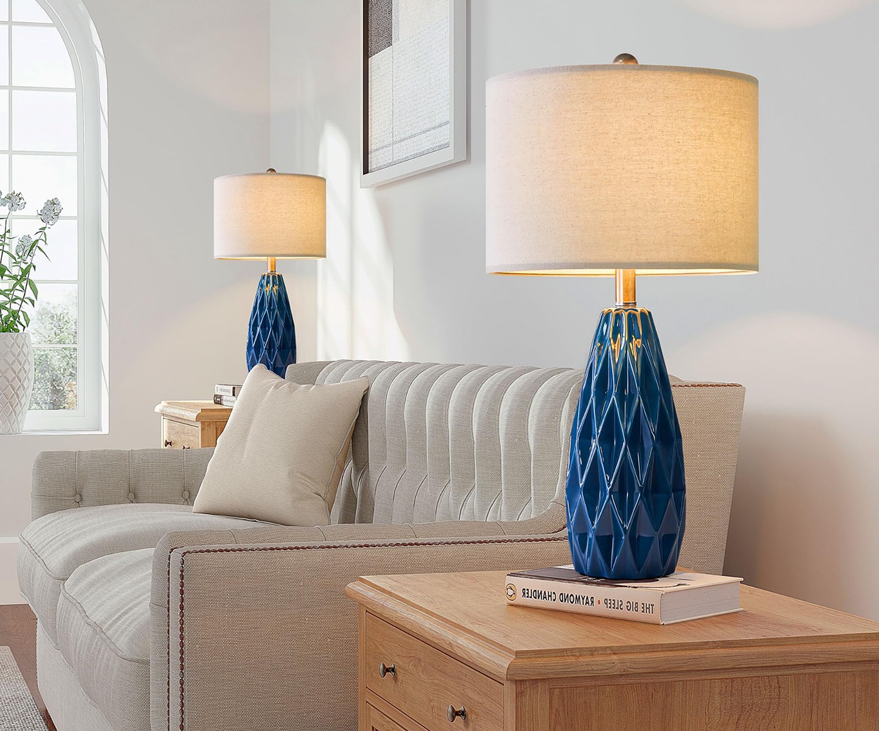 23" Table lamp Set of 2 Modern Ceramic Small Blue Embossed Geometric Pattern Bedside