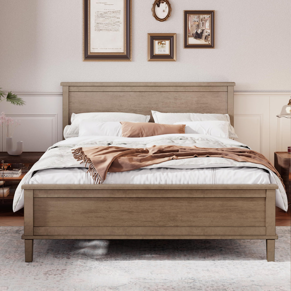 Platform Bed with Headboard and Footboard, Mid-Century Wood Queen Size Bed