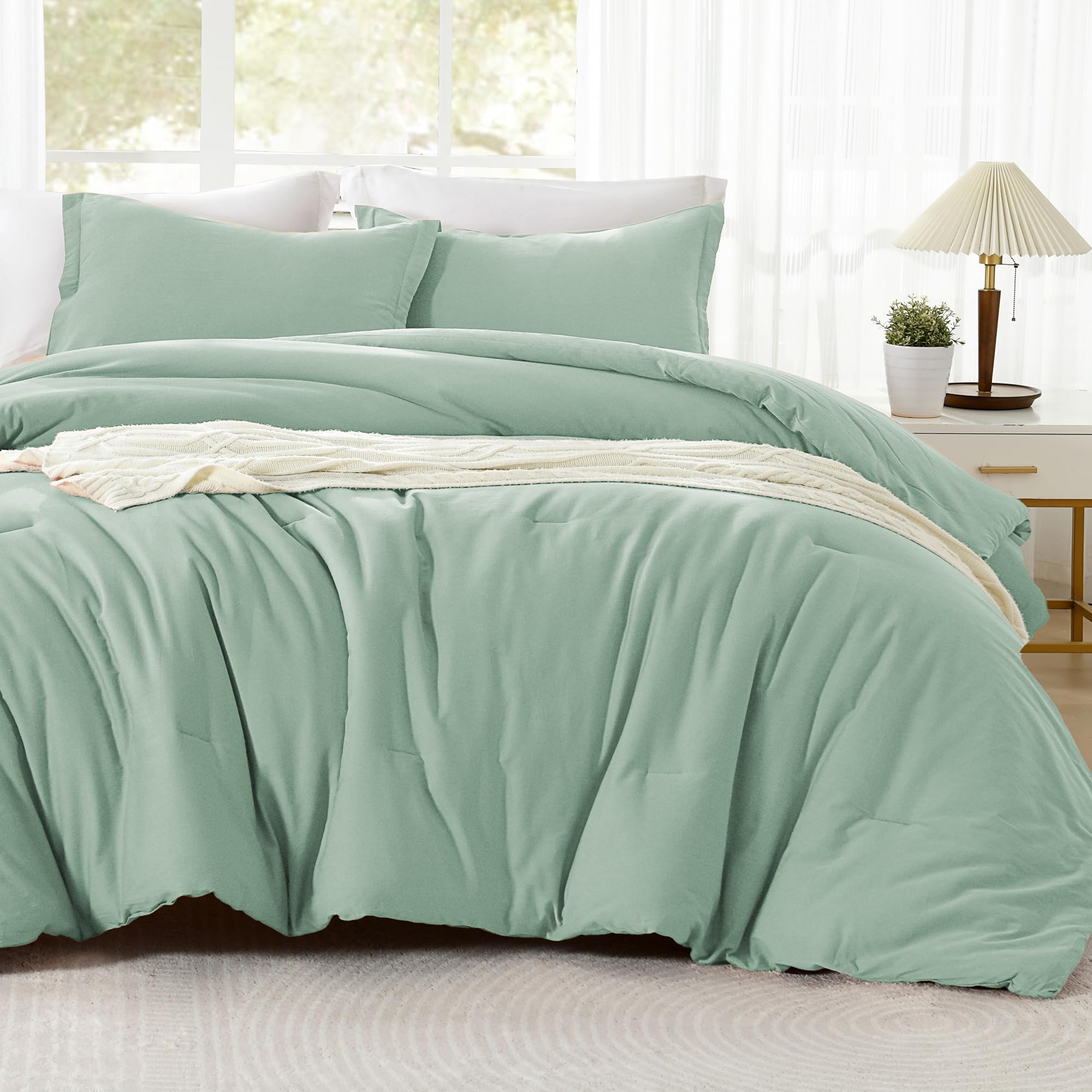 Sage Green Comforter Full Size, Cotton Comforter Solid Color 3 Pieces