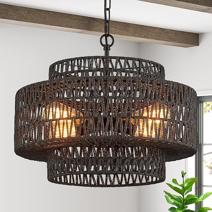 Widluth Hand-Woven Rattan Chandelier Vintage 6-Light Farmhouse Boho Bamboo Chandeliers Light Fixture 23.6" Retro 3-Tier Drum Wicker Rattan Black Chandelier for Dining Room, Kitchen Island, Bedroom