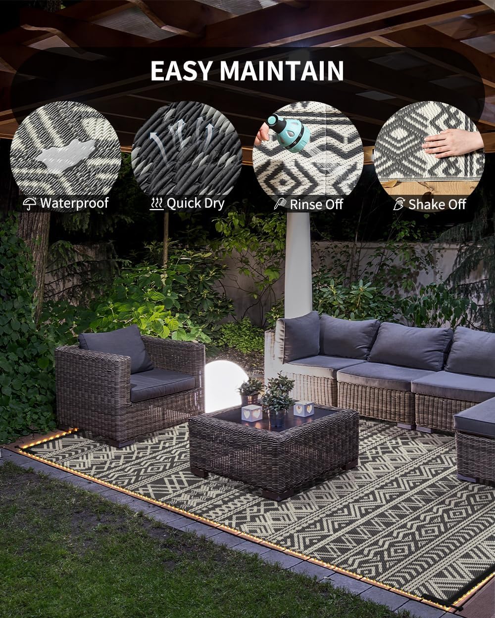 -Outdoor Rug Carpet 6x9 ft for Patio RV Camping with Led Strip