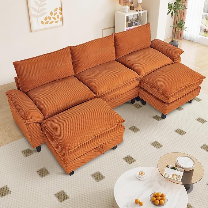 L Shaped Modular Sectional Sofa, 118" Corduroy Cloud Sectional Couch