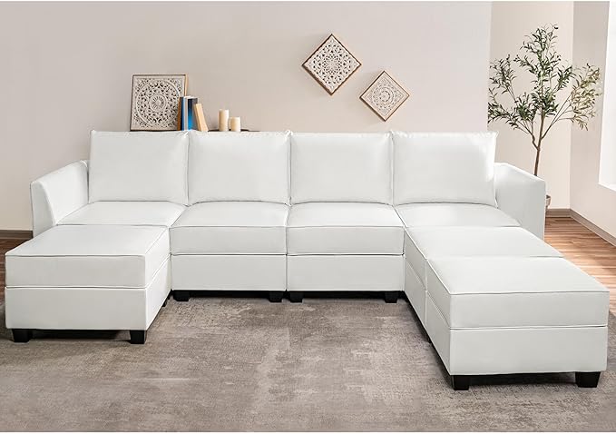 Elizabeth Modular Sectional Sofa Linen U Shaped Couch with Ottomans Convertible Sectional Couch 7-Seater Sofa with Storage Seat, L- Shaped Sectional Sofa - White Down