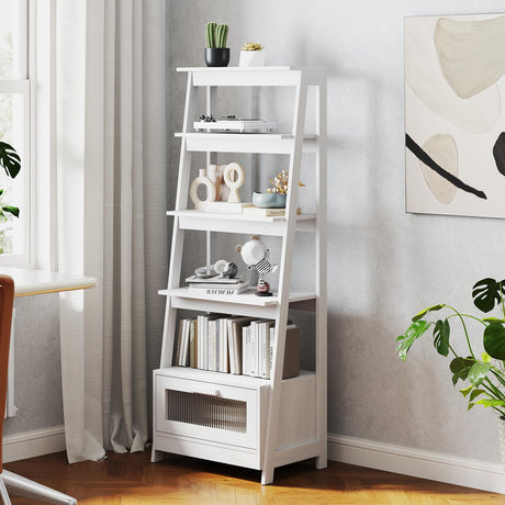 Bookshelf with Storage, 63" Tall Bookcase with Cabinet Doors, Modern Book Shelf with Solid Wooden Frame for Living Room, Bedroom, Office, White