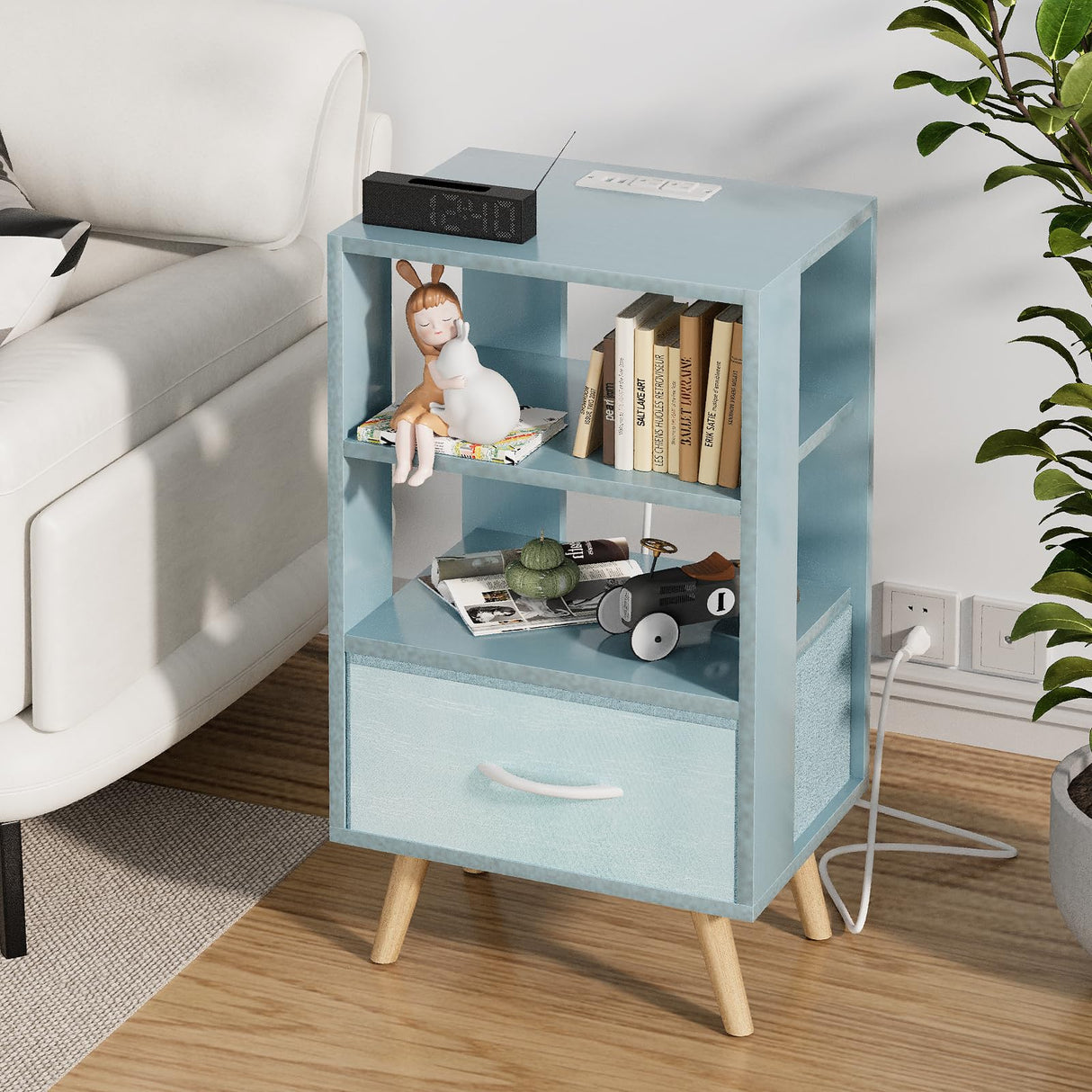 Aenuert Night Stand with Charging Station, Blue Kids Nightstand with Drawer, 3-Tier Nursery Bedside Table with USB Ports and Outlets, End Table for Small Space, Living Room, Bedroom