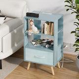 Aenuert Night Stand with Charging Station, Blue Kids Nightstand with Drawer, 3-Tier Nursery Bedside Table with USB Ports and Outlets, End Table for Small Space, Living Room, Bedroom