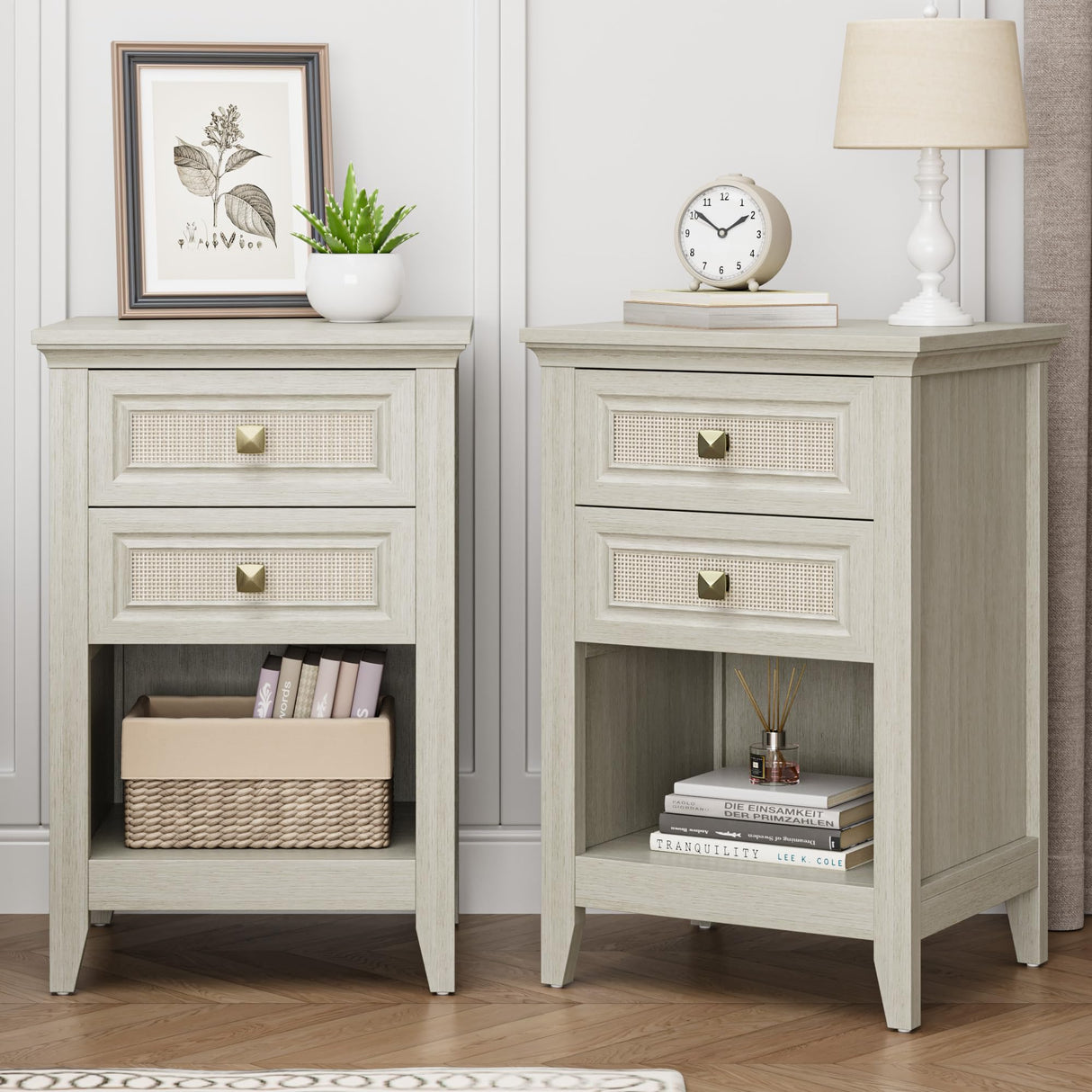 RoyalCraft Farmhouse Nightstand Set of 2, Boho Bedside Table with 2 Rattan Decor Drawers, Wood Accent End Table with Open Storage Shelf for Bedroom, Living Room, Home Office, Grayish White