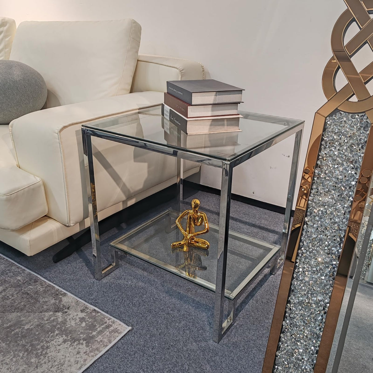 2 Tier Square End Table Side Table with Tempered Glass Top and Silver Stainless Steel