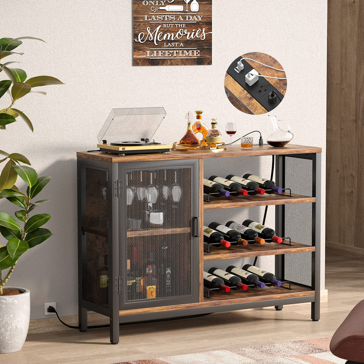 Wine Bar Cabinet with Power Outlets, Industrial Coffee Bar Cabinet for Liquor