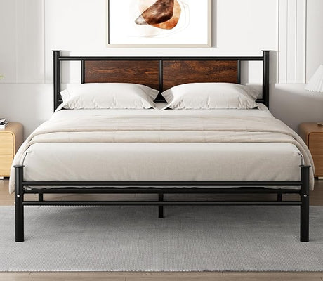 King Size Bed Frame with Rustic Wood Headboard, Metal Heavy Duty Platform Frame,