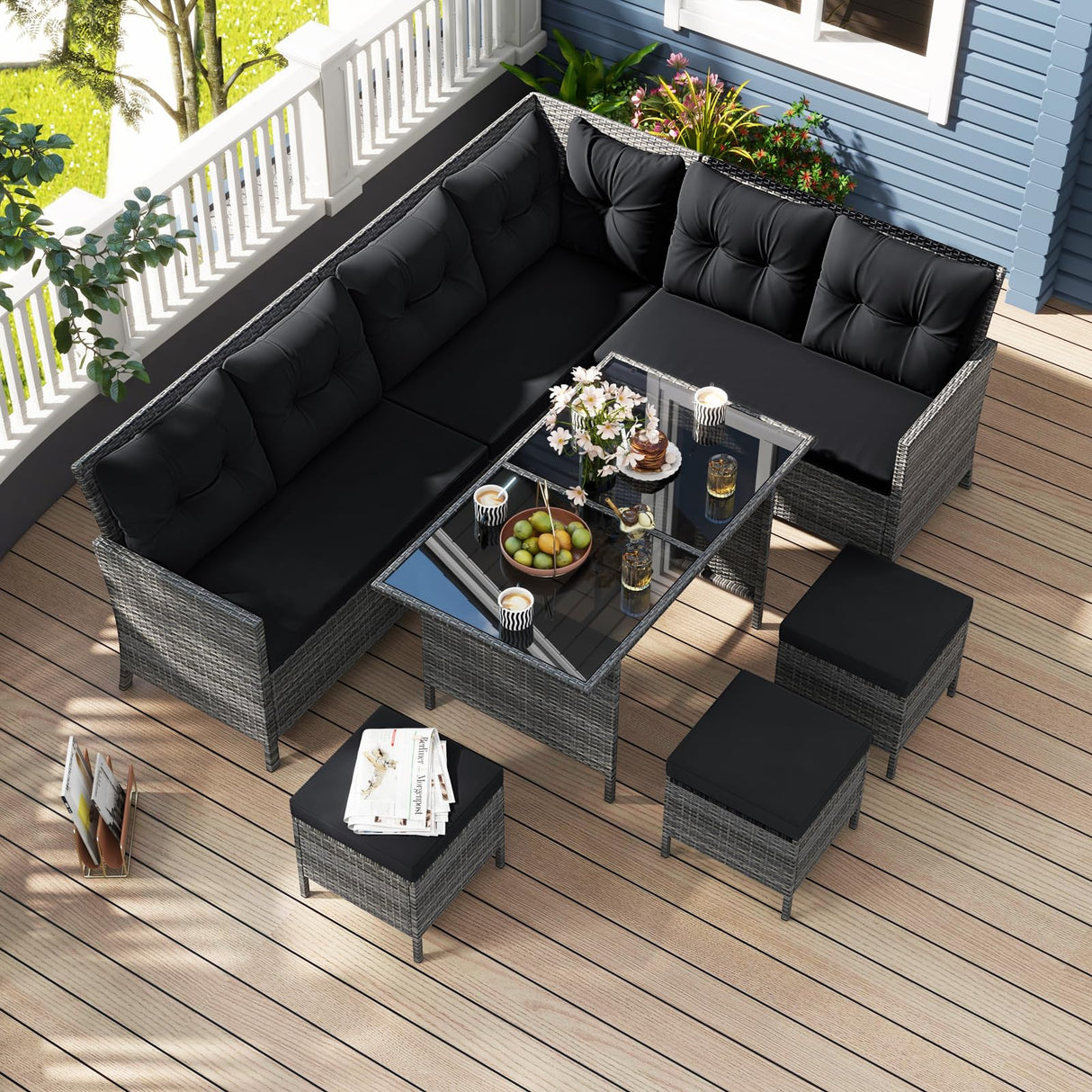 7 Pieces Patio Dining Furniture Set, Outdoor PE Rattan Sectional Sofa Set