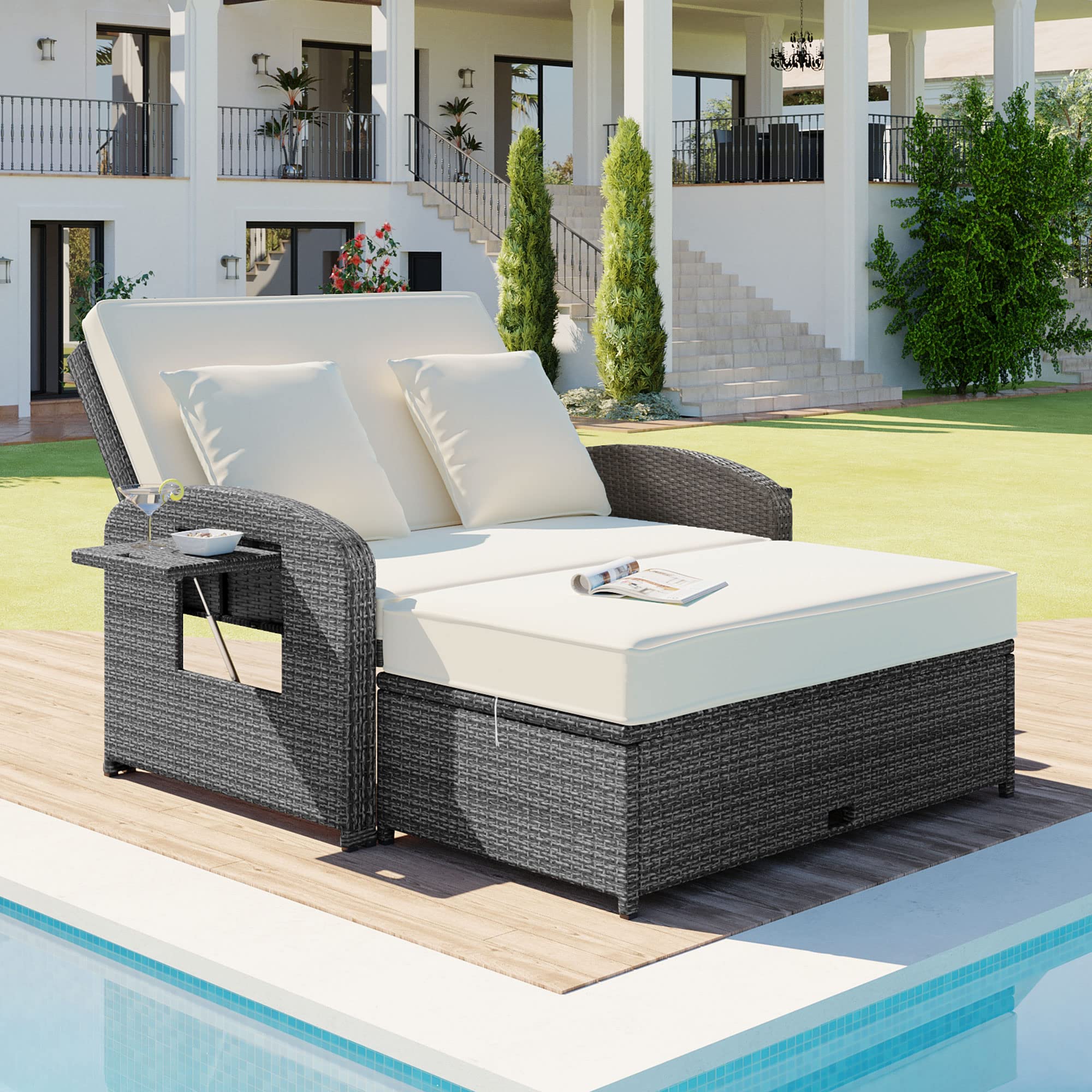 Outdoor Wicker Daybed with Cushions, Convertible Rattan Loveseat