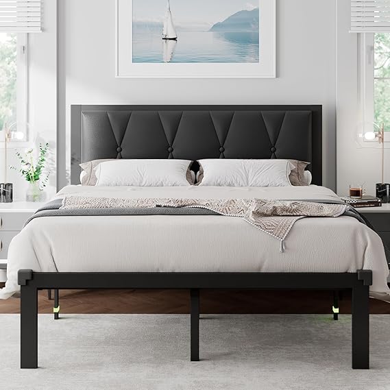 Queen Size Metal Bed Frame with Fabric Button Tufted Headboard, Platform Bed Frame