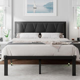 Twin Size Metal Bed Frame with Faux Leather Button Tufted Headboard,