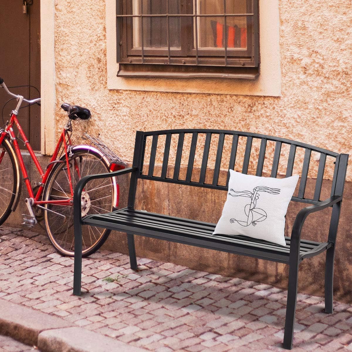 Outdoor Bench, 50” Patio Garden Bench with Steel Frame
