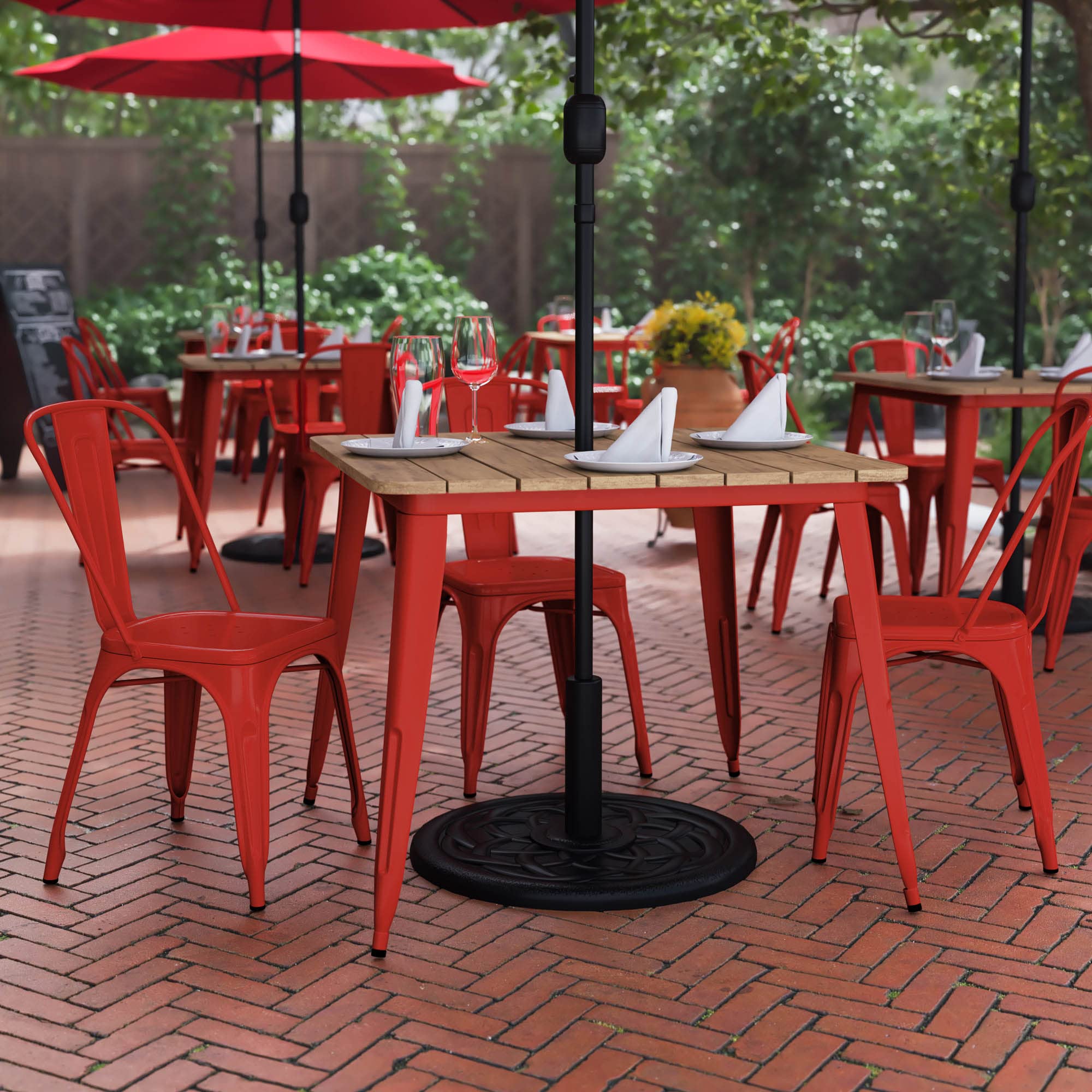 Declan Commercial Outdoor Dining Table with Umbrella Hole, All Weather Poly Resin Top