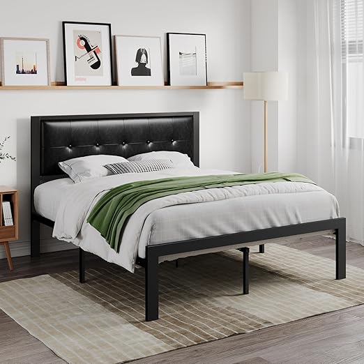 Twin Size Bed Frame with Upholstered Headboard, Platform Bed Frame with Metal Slats,