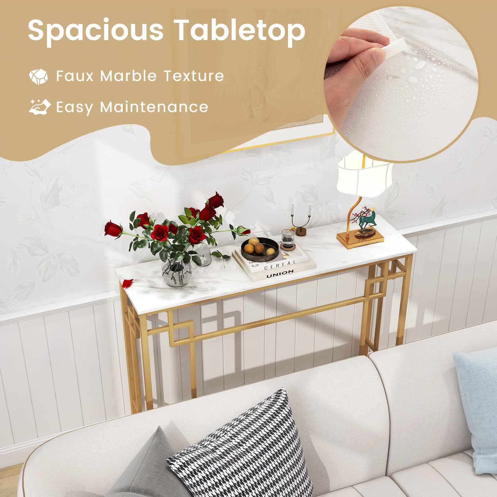 43.5" Modern Console Table, Narrow Entryway Table with Geometric Golden Frame & White Faux Marble Tabletop,