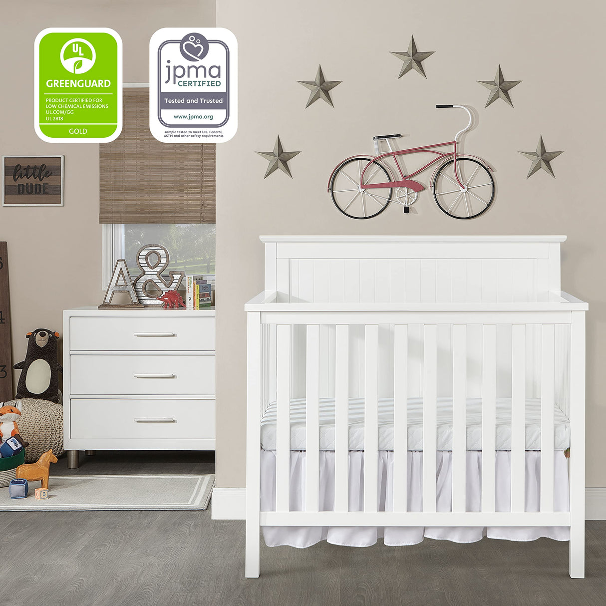 Ava 4-in-1 Convertible Mini Crib in White, Greenguard Gold Certified, Non-Toxic Finish,