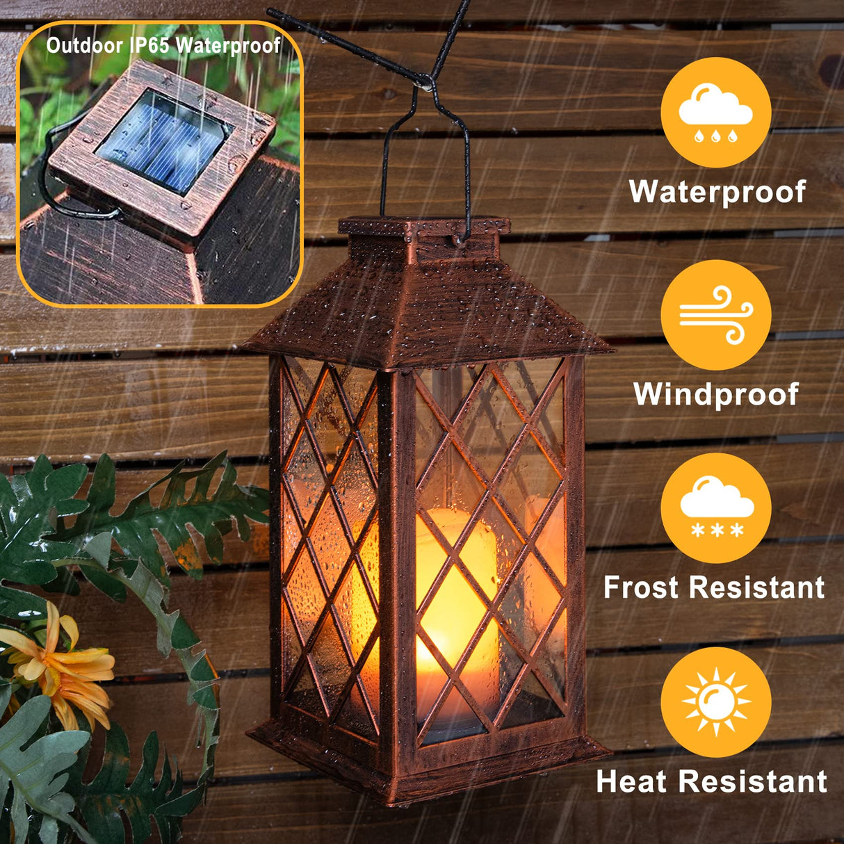 14" Solar Lantern Outdoor Garden Hanging Lantern Waterproof LED Flickering