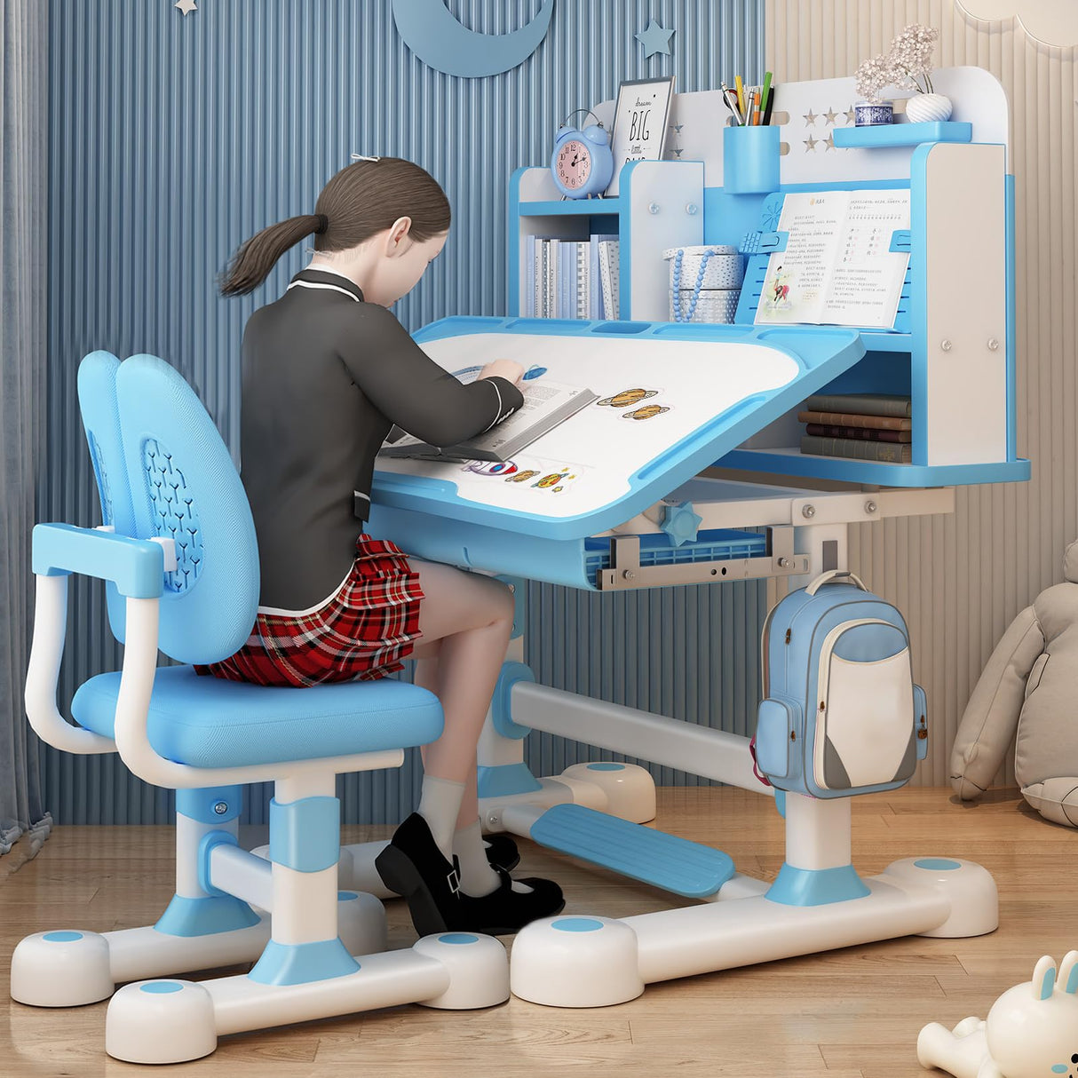 Set, Height Adjustable Children School Study Set, Ergonomic Desk Chairwith Tilt Desktop,