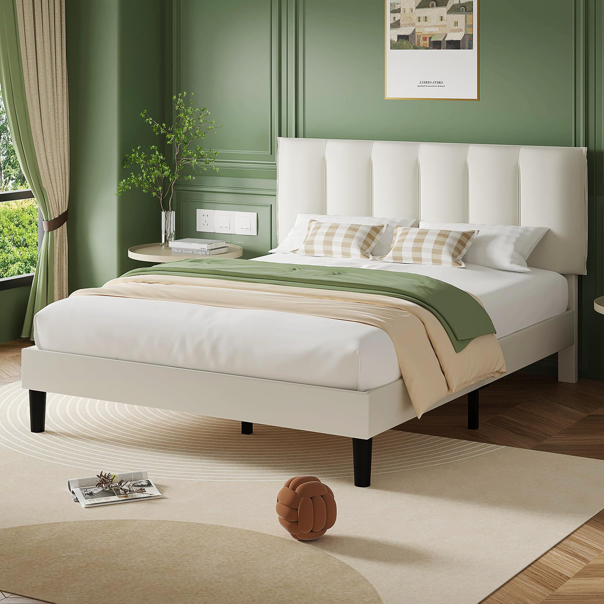 Queen Bed Frame with Upholstered Headboard, Heavy-duty Platform Bedframe