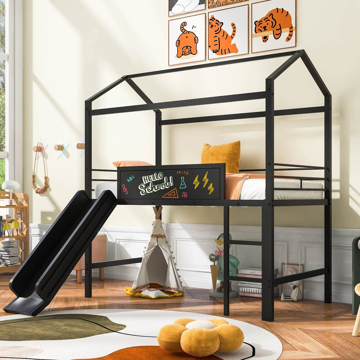 Slide and Chalkboard, Low Loft Bed Twin Size, Metal House Bed with Guardrail and Ladder, Metal Twin Size Loft Bed for Kids Teens Girls Boys (Twin, Black)